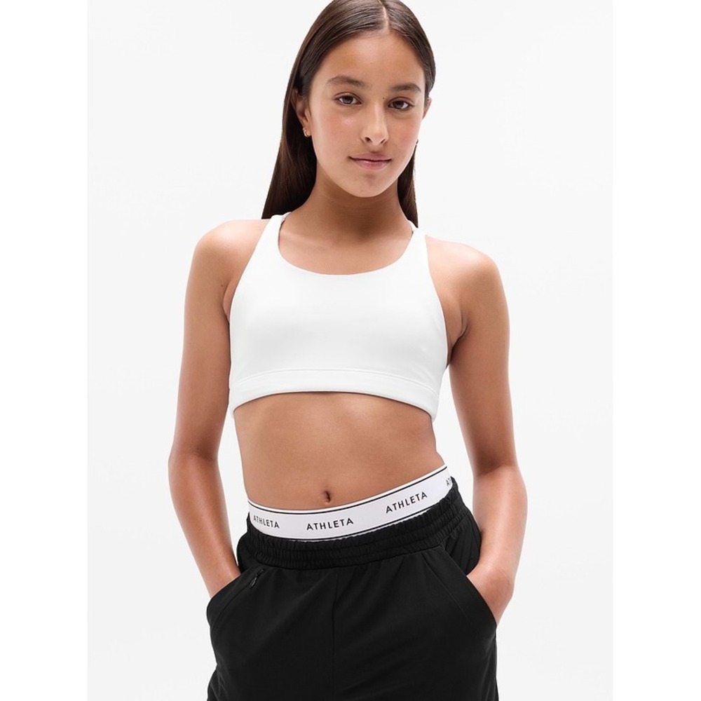 Athleta Girl Upbeat Bra White Strappy Criss Cross Back High Neck Sports Bra